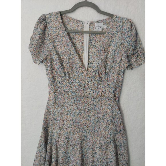 Women's Polly Blue Floral Sheer Midi Dress Short Sleeve Size 6 Summer Casual - Picture 3 of 10